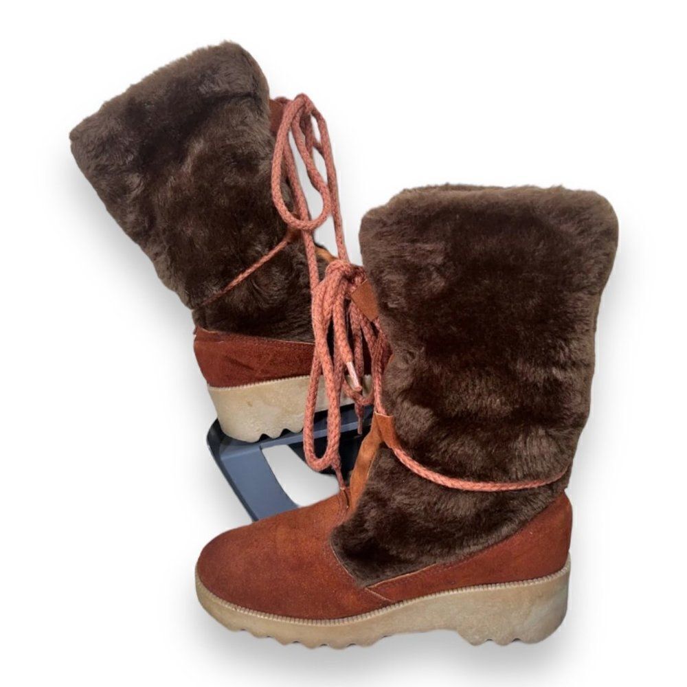 Vintage 70-80s Lace-up Suede / Faux Fur Winter Snow Boots Women's 6